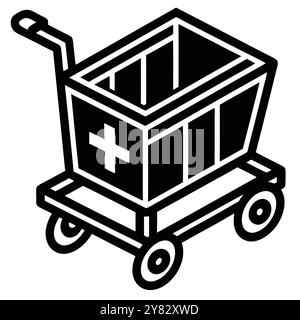 Un semplice. icona in bianco e nero che raffigura un carrello con un segno più. Perfetto per illustrare lo shopping online. vendita al dettaglio. vendite. e medici Illustrazione Vettoriale