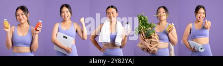 Scelte di stile di vita sano presentate da una donna con articoli per il fitness e il benessere Foto Stock