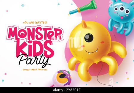 Design vettoriale Monsters Kids. Biglietto d'invito per il compleanno con palloncini di polpo ed elementi galleggianti gonfiabili su sfondo astratto. Illustrazione Vettoriale