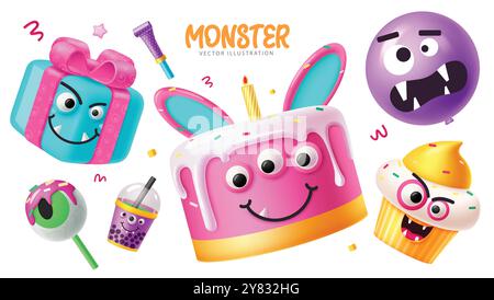 Design del set vettoriale degli elementi dei personaggi delle feste mostruose. Collezione di elementi di halloween per il compleanno, come torte, regali, palloncini, torte e succhi di frutta carini Illustrazione Vettoriale