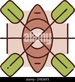 Una semplice e colorata illustrazione di una canoa con pale da una prospettiva dall'alto. Perfetto per rappresentare l'avventura. attività ricreative. o viaggiare. Illustrazione Vettoriale