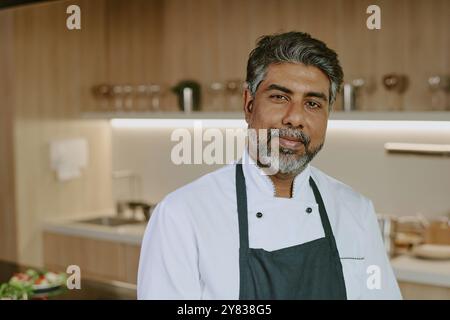 Ritratto di un fiducioso chef indiano che posa per una foto in una spaziosa cucina Foto Stock