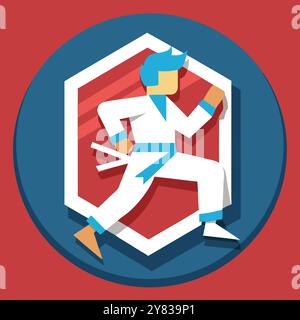 Un'icona stilizzata di un combattente di karate in azione. racchiuso in un esagono e un telaio circolare. Design piatto in blu. toni di rosso e bianco. Ideale per le arti marziali Illustrazione Vettoriale