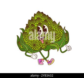 Rocambolesco cavolo vegetale personaggio retrò con faccia divertente, vettore di cartoni animati. Cavolo romanesco con sorriso felice e bocca in espressione sciocca per verdure allegrhe e simpatiche Illustrazione Vettoriale