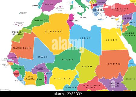 Nord Africa, mappa politica con sagome multicolore di singoli paesi. A volte chiamato Nord Africa. Foto Stock