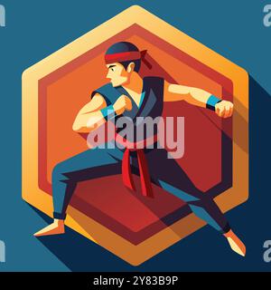 Illustrazione geometrica di un combattente di karate in posa da combattimento. caratterizzata da un'audace tavolozza di colori e da un design piatto. Perfetto per le arti marziali. Sport Illustrazione Vettoriale