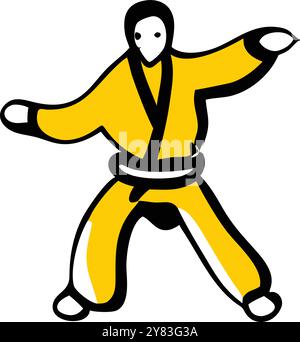 Semplice e audace illustrazione di un lottatore di karate in una gialle. Perfetto per i siti web. logo. e sui social media. Illustrazione Vettoriale