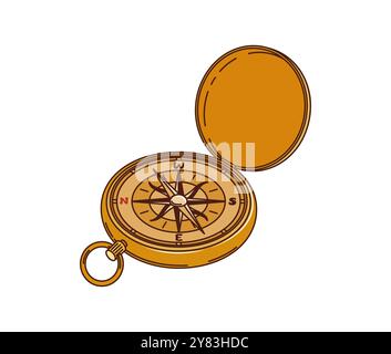 Cartoni animati retrò, antico pirata e bussola corsara. Elemento nautico per navigazione in ottone vettoriale isolato con simboli di rosa del vento. Strumento vintage che evoca storie di mare aperto e tesori sepolti nel passato Illustrazione Vettoriale
