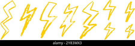 Set di fulmini disegnando a matita di cera. Collezione di gesso da disegno a mano , insegne di flash luminosi, bulloni di tuono Doodle, elementi di design color oro Illustrazione Vettoriale