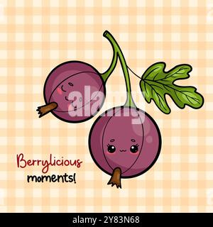 Brindisi di uva spina blu, frutta cespugliosa. Cartoni animati divertente personaggio di bacche di kawaii. Biglietto con slogan. Illustrazione vettoriale Illustrazione Vettoriale