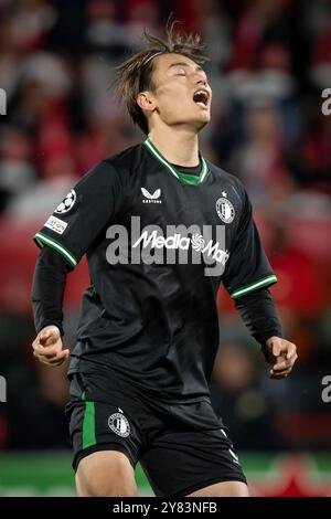 Girona, Spagna. 2 ottobre 2024. Durante una partita di UEFA Champions League tra Girona FC e Feyenoord all'Estadi Municipal de Montilivi di Girona, Girona, Spagna, il 2 ottobre 2024. Foto di Felipe Mondino/Sipa USA credito: SIPA USA/Alamy Live News Foto Stock