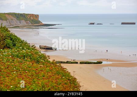 Visitatori che esplorano i resti di Mulberry Harbour, Arromanches Beach, Normandia Francia Foto Stock