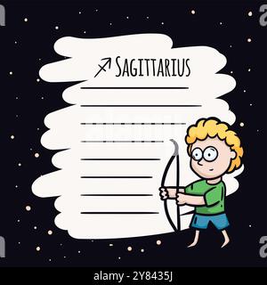 Modello di pagina blocco note con segno zodiaco del Sagittario. Simboli astrologici dell'oroscopo. Scheda per le previsioni del testo Illustrazione Vettoriale