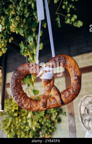 Pretzel bavaresi tradizionali esposti su bancarelle con luppolo fresco, Oktoberfest e cucina tedesca Foto Stock