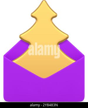 Messaggio di invito a una lettera natalizia con busta viola icona 3d realistica illustrazione vettoriale. Corrispondenza postale natalizia per le vacanze invernali Illustrazione Vettoriale