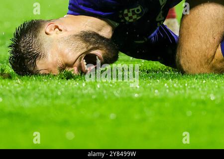 Zagabria, Croazia. 2 ottobre 2024. ZAGABRIA, CROAZIA - 2 OTTOBRE: Bruno Petkovic della Dinamo Zagabria reagisce durante la fase MD2 della UEFA Champions League 2024/25 tra la GNK Dinamo contro Monaco al Maksimir Stadion il 2 ottobre 2024 a Zagabria, Croazia. Foto: Luka Stanzl/PIXSELL credito: Pixsell/Alamy Live News Foto Stock