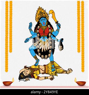 Illustrazione della dea Kali Maa su Diwali Kali Puja con diya dell'olio e fiori decorativi appesi Illustrazione Vettoriale