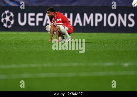 Girona, ESP. 2 ottobre 2024. GIRONA FC-FEYENOORD 2 ottobre 2024 Danjuma reagisce al termine della partita di UEFA Champions League 2024/25 di fase tra Girona FC e Feyenoord allo Stadio municipale di Montilivi a Girona, Spagna. Crediti: Rosdemora/Alamy Live News Foto Stock