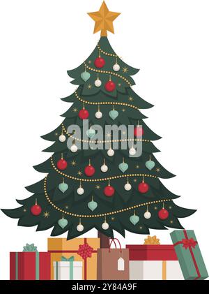 Albero di Natale decorato e regali: Concetto di festività e festeggiamenti, isolato Illustrazione Vettoriale