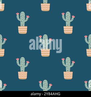 Cactus carini in stile boho. Cactus senza cuciture. Sfondo boho alla moda. Stampa in tessuto cactus. Tessuto succulento. Illustrazione Vettoriale