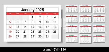 calendario 2025. Una raccolta vettoriale di calendari mensili in inglese. Progettare con domenica Illustrazione Vettoriale