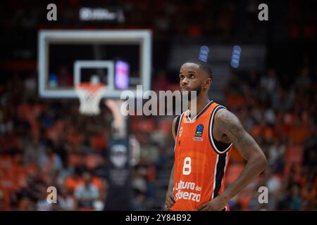 Jean Montero di Valencia basket durante la BKT Eurocup Regular Season Round 2 il 2 ottobre 2024 a Pabellon Fuente de San Luis (Valencia ). Valencia Foto Stock