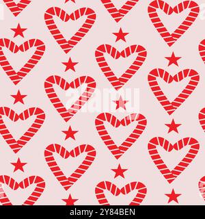 Simpatici cuori natalizi Candy cane con stelle rosse motivo senza cuciture su sfondo bianco. Per carta da imballaggio, decorazioni natalizie e tessuti Illustrazione Vettoriale