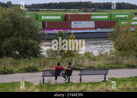 Nave da carico, carica di container, sul Reno vicino a Duisburg, la timoneria è sollevata per fornire una vista sui container fino alla prua, sul lungofiume Foto Stock