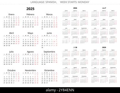 2025, 2026, 2027, 2028, 2029 calendari verticali dell'anno spagnolo. Illustrazione vettoriale stampabile per Spagna - Calendario Illustrazione Vettoriale