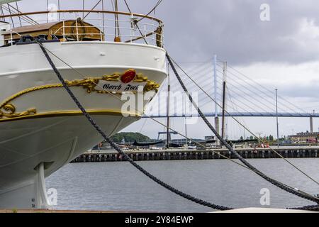 L'ex nave da addestramento Gorch Fock i, nel porto della città anseatica e sito patrimonio dell'umanità dell'UNESCO, Stralsund, oggi nave museo, Meckl Foto Stock