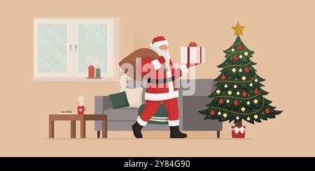 Felice Babbo Natale che consegna regali a casa, sta camminando in salotto e tenendo un regalo di Natale Illustrazione Vettoriale