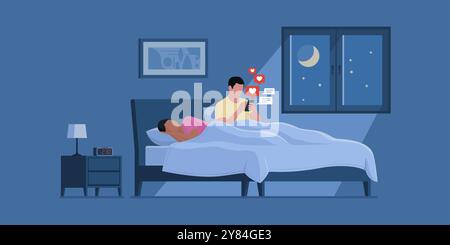 Uomo che si connette sui social media di notte usando il suo smartphone mentre sua moglie dorme, dipendenza da Internet e problemi di relazione Illustrazione Vettoriale