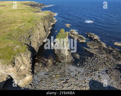 Scogliere e pilastri rocciosi, penisola di Cornquoy, immagine drone, Mainland Orkney, Scozia, gran Bretagna Foto Stock