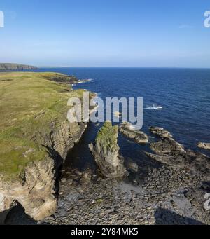 Scogliere e pilastri rocciosi, penisola di Cornquoy, immagine drone, Mainland Orkney, Scozia, gran Bretagna Foto Stock