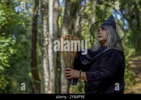 Vecchia strega in nero, vestita di nero, vista di profilo con la sua scopa con una foresta sullo sfondo Foto Stock