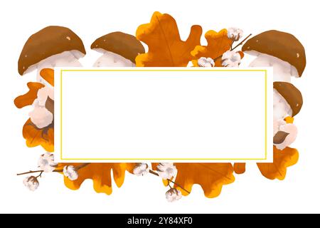 Sfondo orizzontale con bordo dorato, funghi porcini, rami con fiori di cotone e foglie di quercia, spazio copia acquerello illustrazione autunnale Foto Stock