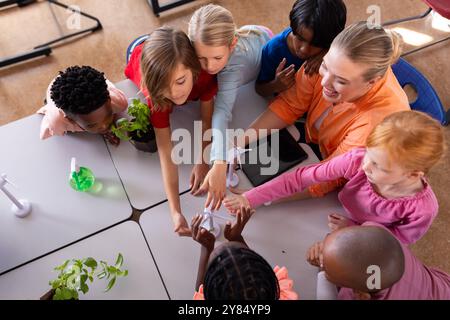 A scuola, insegnante femminile e studenti diversi che lavorano insieme su progetti scientifici con piante Foto Stock