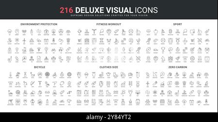 Set di icone per la protezione dell'ambiente, la bicicletta, il biossido di carbonio zero netto e la riduzione delle emissioni di CO2. Dimensioni dei vestiti, allenamento fitness e sport in palestra, sottili simboli neri dei contorni, illustrazione vettoriale Illustrazione Vettoriale