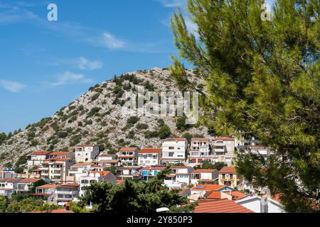 Piccolo villaggio costiero ai piedi di una collina rocciosa con verdi pini in una giornata di sole. Foto Stock