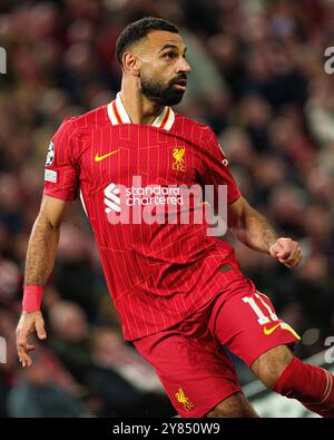 Mohamed Salah del Liverpool durante la partita di UEFA Champions League tra Liverpool e Bologna FC 1909 ad Anfield, Liverpool mercoledì 2 ottobre 2024. (Foto: Steven Halliwell | mi News) crediti: MI News & Sport /Alamy Live News Foto Stock