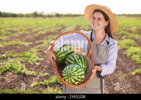 Donna che tiene in mano un cesto di vimini con anguria matura sul campo Foto Stock