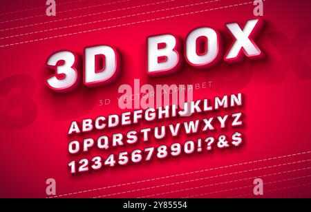 Set di caratteri alfabetici casella 3d vettoriale con cornice e ombra su sfondo rosso. Modern Typeface Design Collection con ABC, numeri e caratteri speciali per Illustrazione Vettoriale