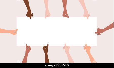 Mani di donne di diverse nazionalità e tonalità della pelle con uno striscione bianco, vista dall'alto. Illustrazione vettoriale piatta Illustrazione Vettoriale