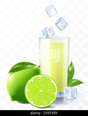 Un bicchiere di mojito fresco o limonata con cubetti di ghiaccio e paglia. succo o frullato con frutta al lime isolata su sfondo trasparente. 3d ve realistico Illustrazione Vettoriale