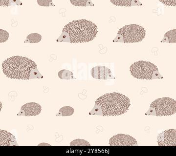 Grazioso motivo senza cuciture con ricci e funghi. Illustrazione vettoriale disegnata a mano. Illustrazione vettoriale Illustrazione Vettoriale