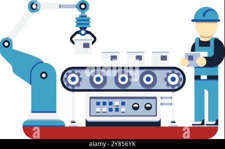 Operatore e braccio robotizzato che lavorano insieme sulla linea di produzione industriale Illustrazione Vettoriale