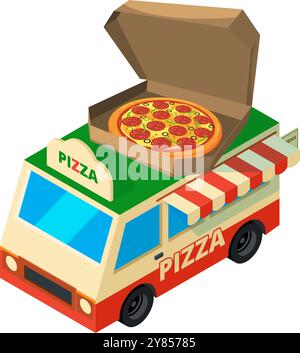 Icona isometrica Pizza Truck. Consegna trasporto di cibo Illustrazione Vettoriale
