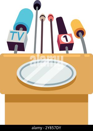 Tribuna vocale con microfoni reporter. Icona presentazione pubblica Illustrazione Vettoriale