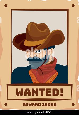 Banner ricercato con l'icona di un cartone animato criminale del selvaggio West Illustrazione Vettoriale