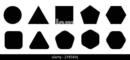 Set di forme geometriche di base con bordi arrotondati – raccolta di figure geometriche semplici, cerchio, rettangolo, triangolo, poligonale, esagonale. Illustrazione Vettoriale